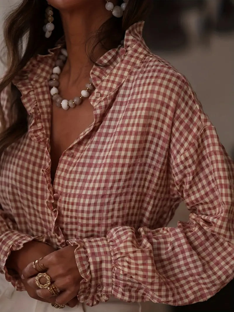 Damen-Kariertes Hemd mit Knopfleiste