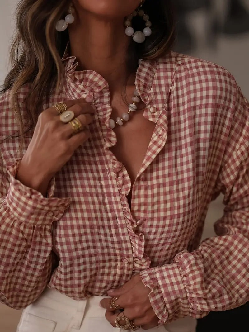 Damen-Kariertes Hemd mit Knopfleiste