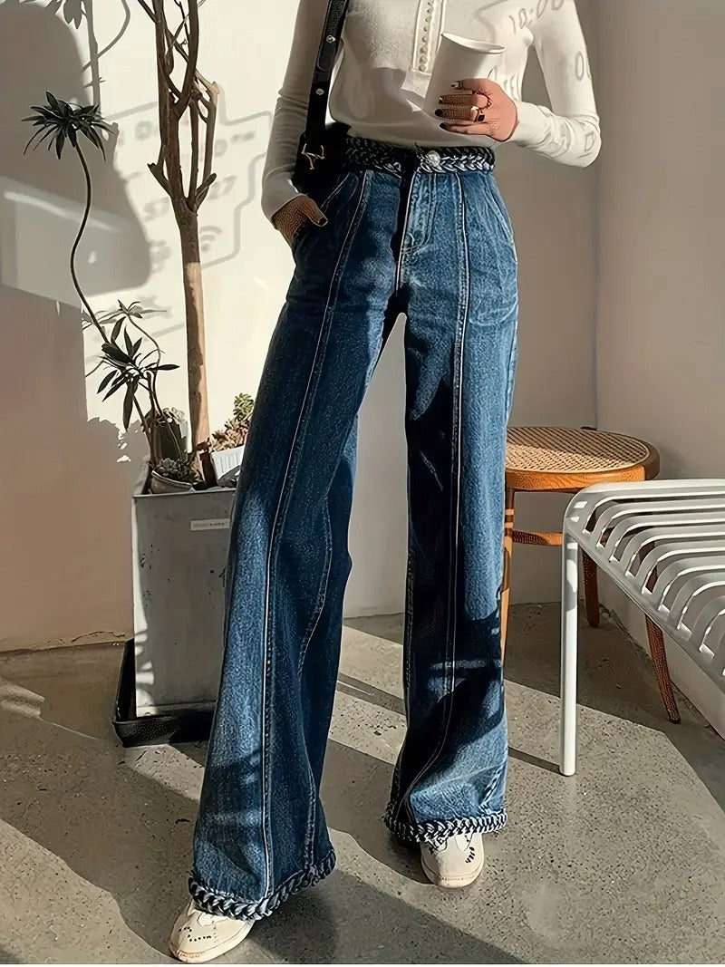 Damen Hose mit Hoher Taille und Flechtakzenten