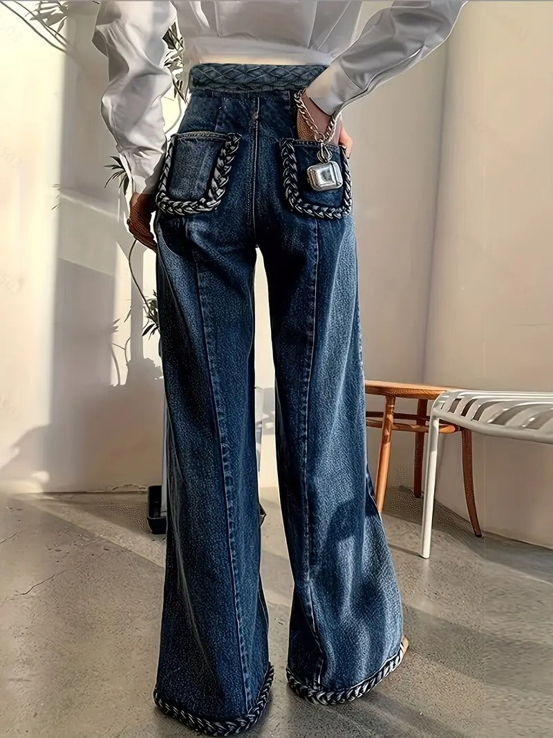 Damen Hose mit Hoher Taille und Flechtakzenten