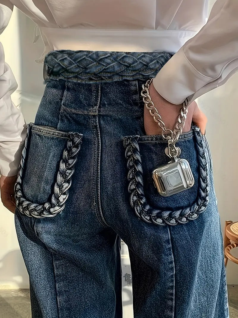 Damen Hose mit Hoher Taille und Flechtakzenten